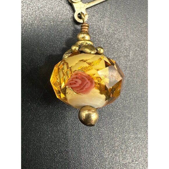 Faceted Bead Earrings Amber Pink Roses Cottagecore Dangle Drop Gold Toned - Picture 5 of 8